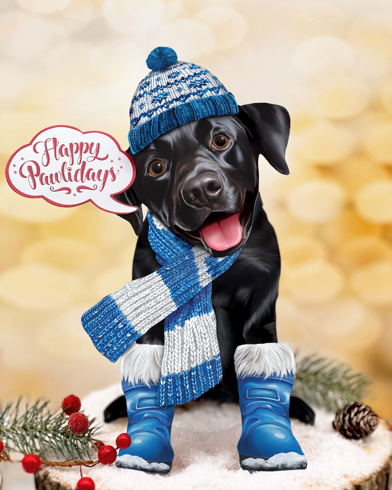 Holiday Black Lab Pop-Up with winter accessories