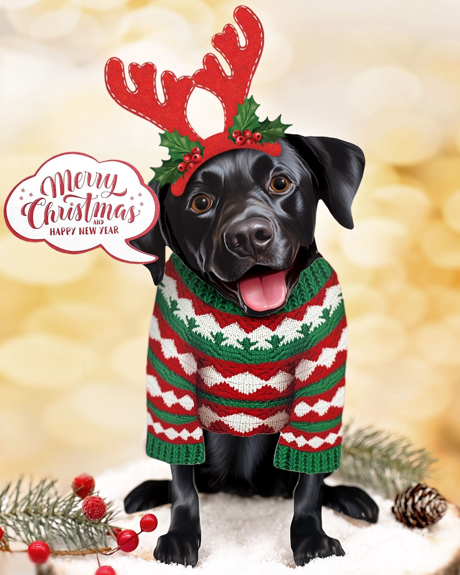 Holiday Black Lab Pop-Up with reindeer antlers