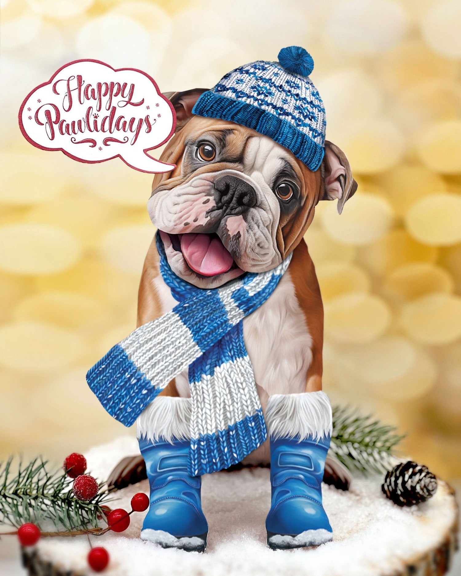 Holiday English Bulldog Pop-Up Card with winter accessories