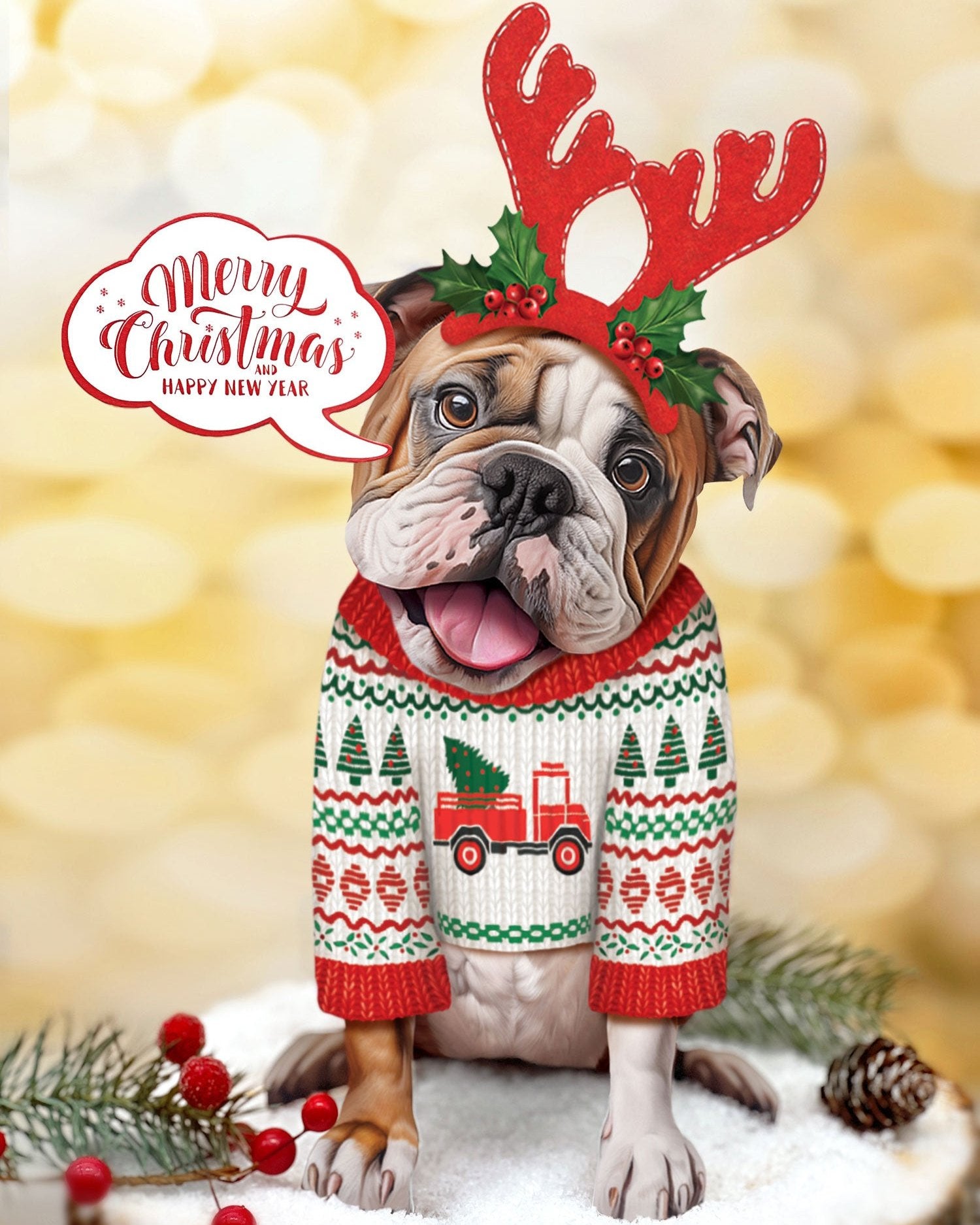 English Bulldog with Antlers and Speech Bubble