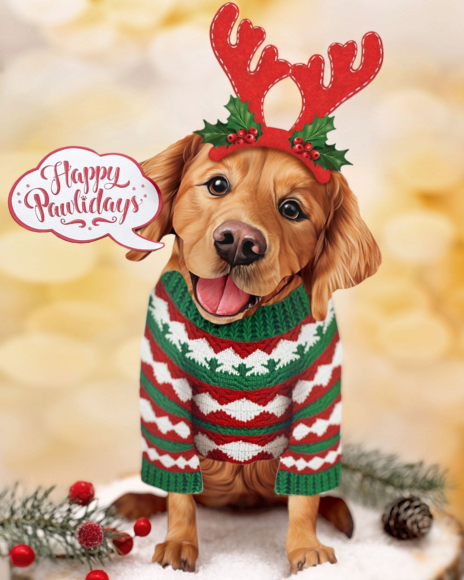 Holiday Golden Retriever Pop-Up Card with reindeer antlers 