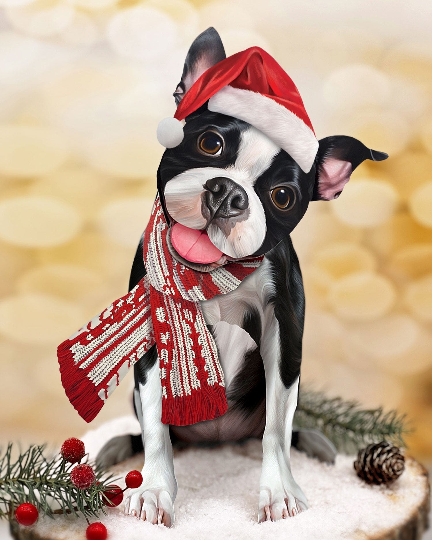 Holiday Boston Terrier Pop-Up in Santa hat