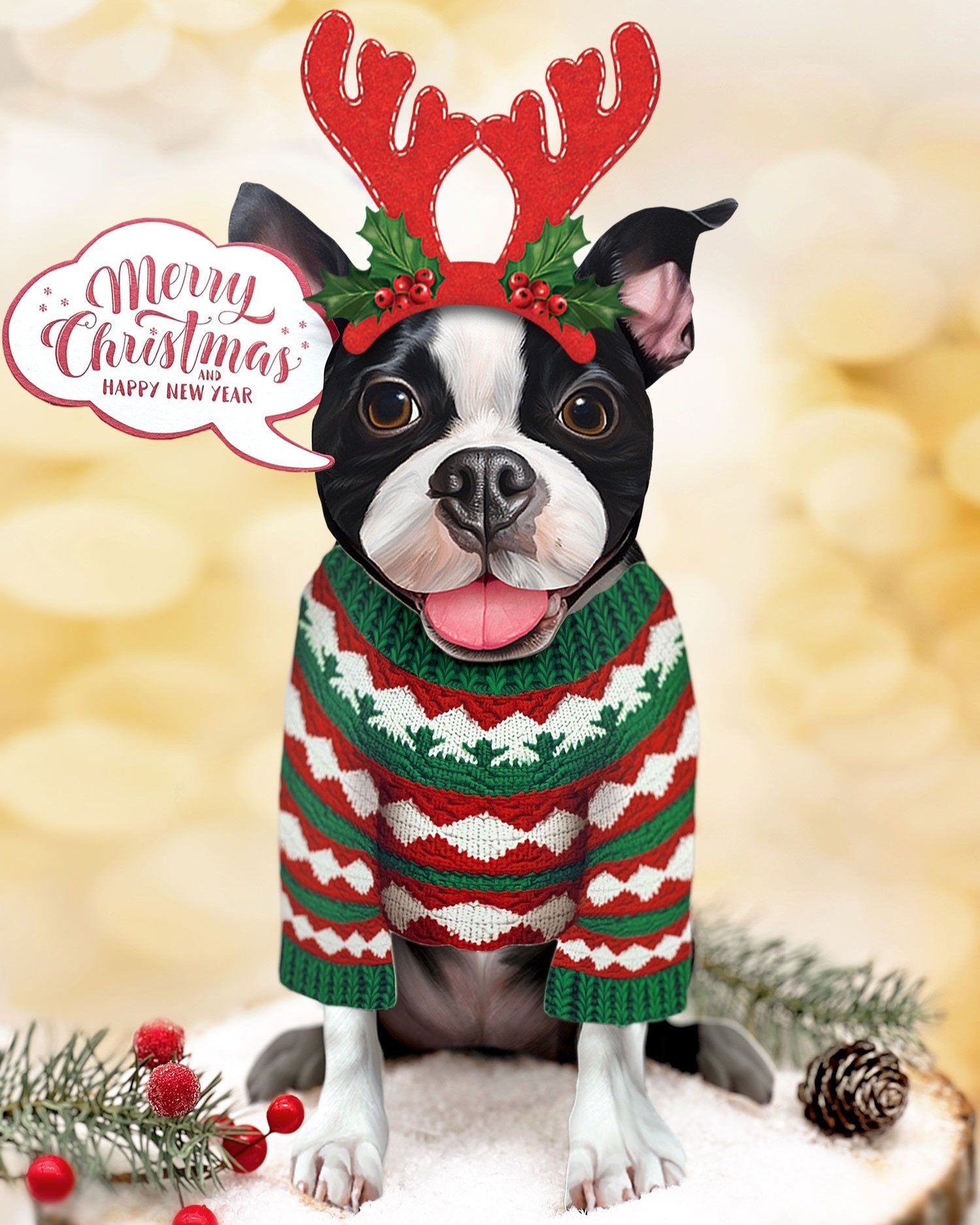 Holiday Boston Terrier Pop-Up in reindeer antlers