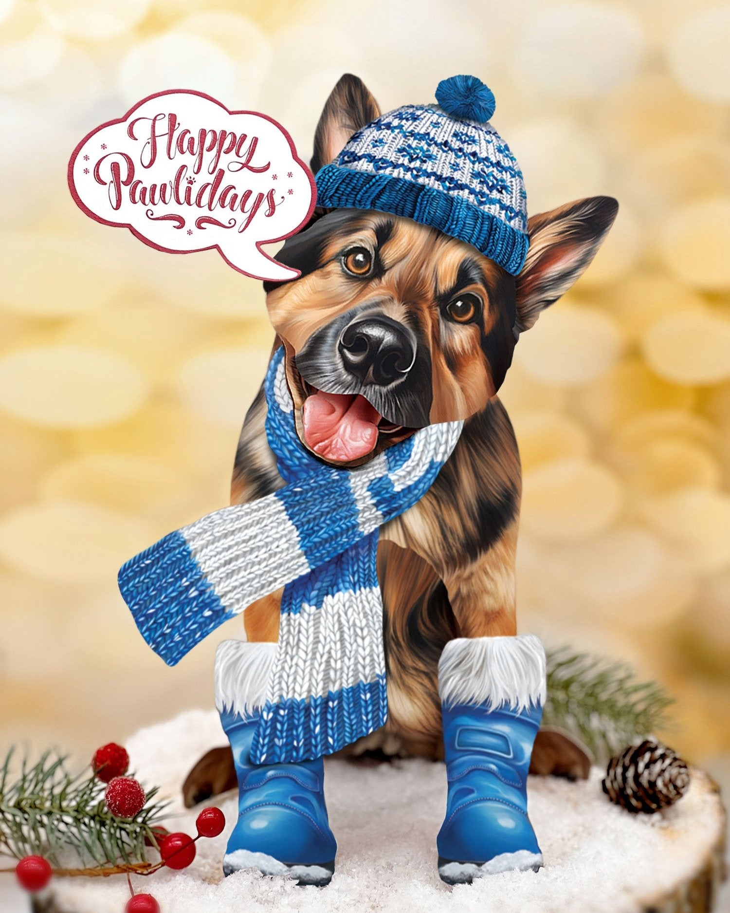 Holiday German Shepherd Pop-Up Card with winter accessories