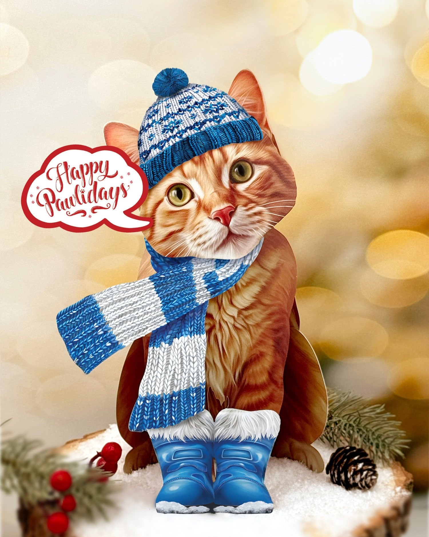 Holiday Orange Tabby Cat Pop-Up Card with winter accessories