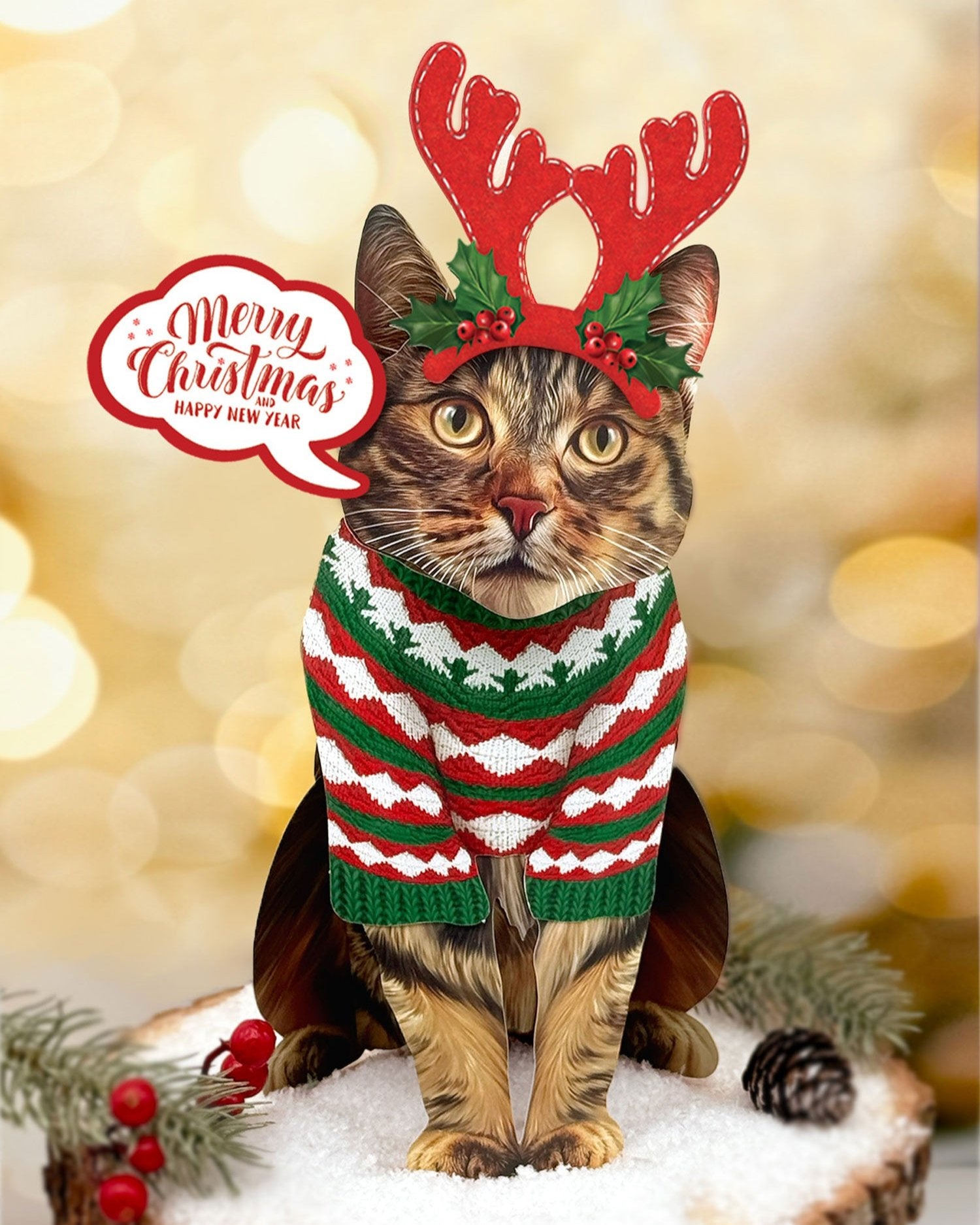 Holiday Brown Tabby Cat Pop-Up in reindeer antlers