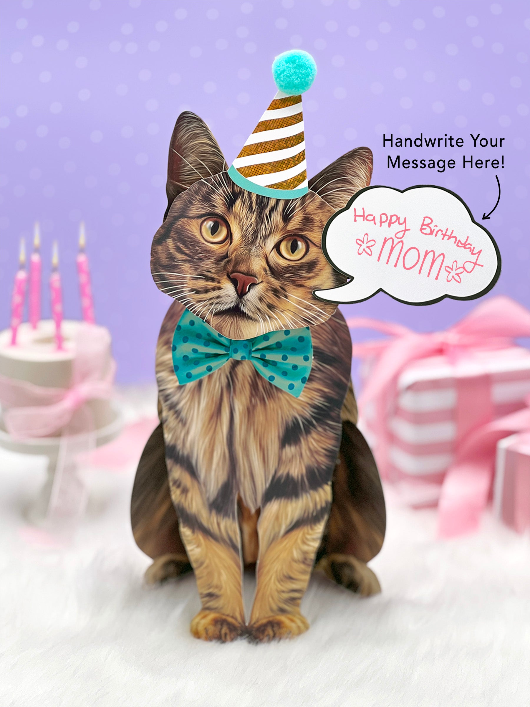 Brown Tabby Pop-Up Cat with birthday accessories