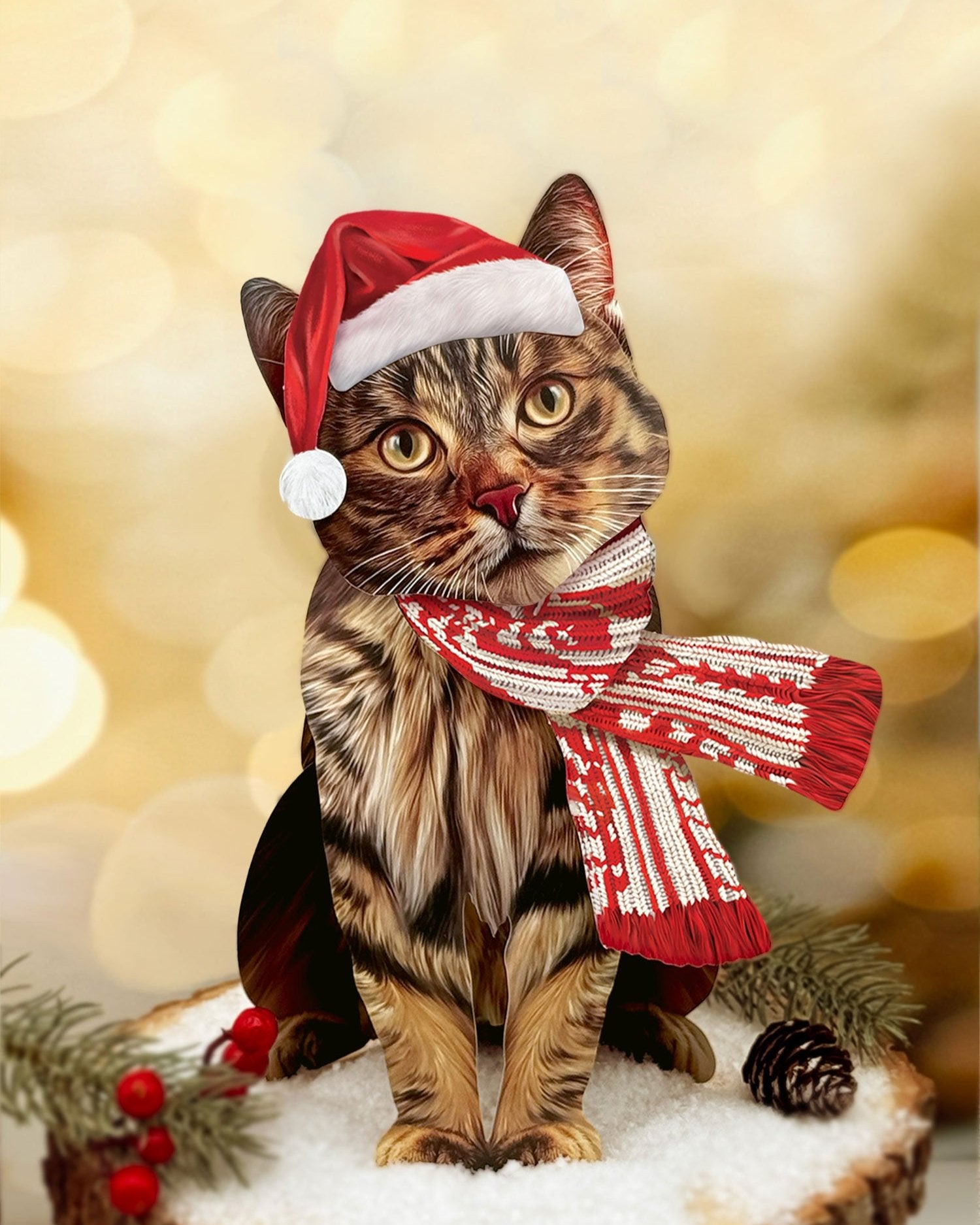 Holiday Brown Tabby Cat Pop-Up in Santa hat