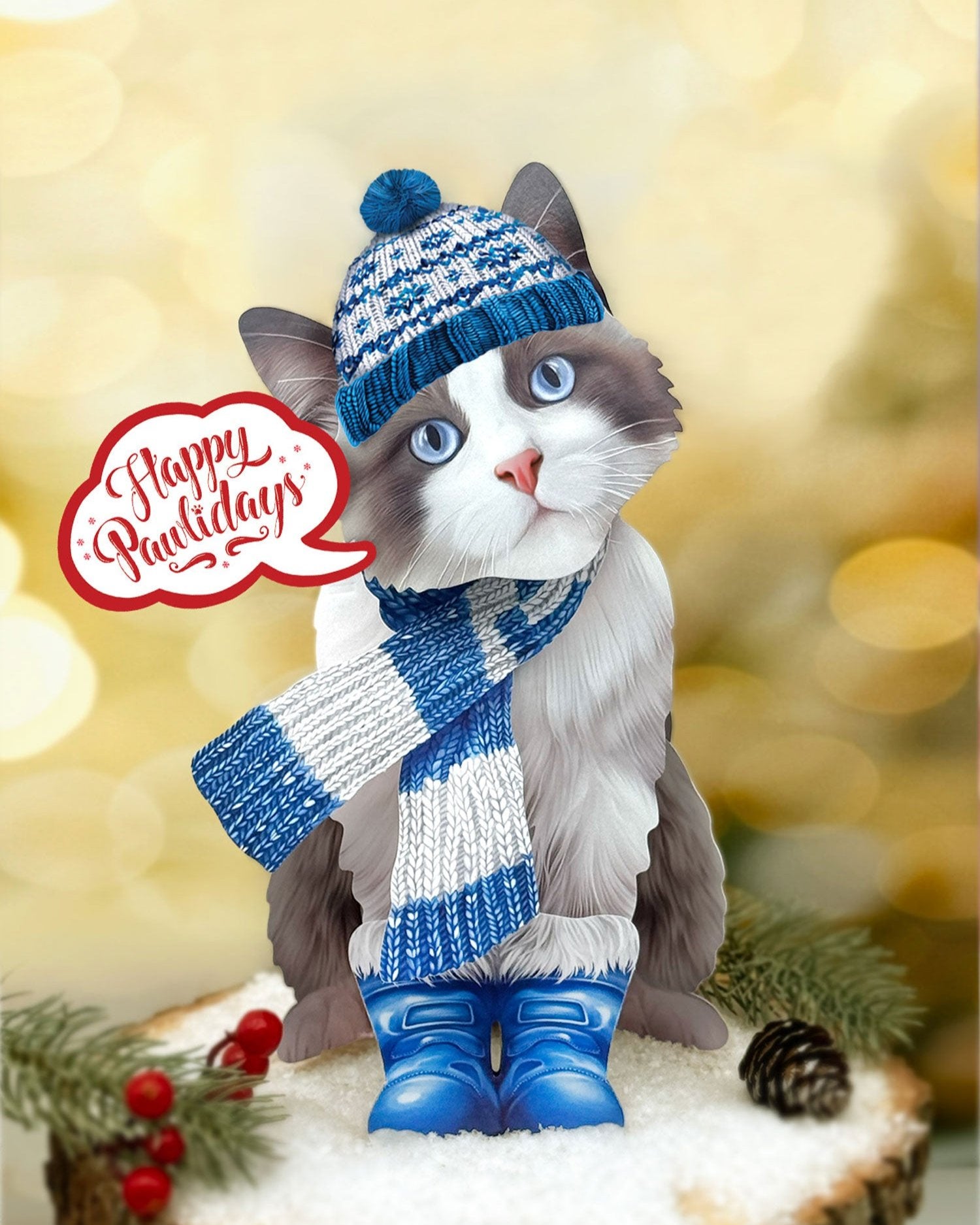 Holiday Ragdoll Cat Pop-Up Card in winter accessories