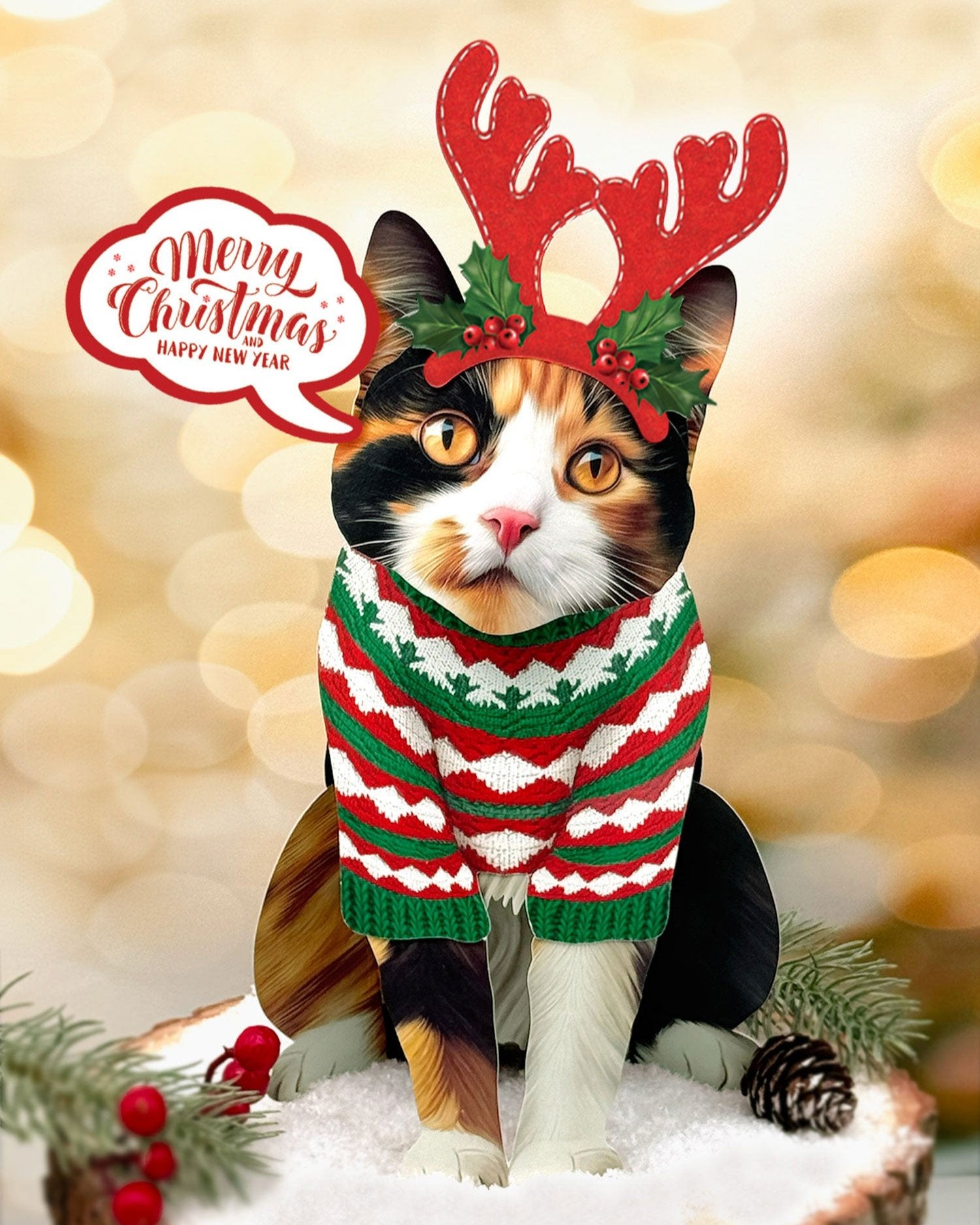 Holiday Calico Cat Pop-Up with reindeer antlers