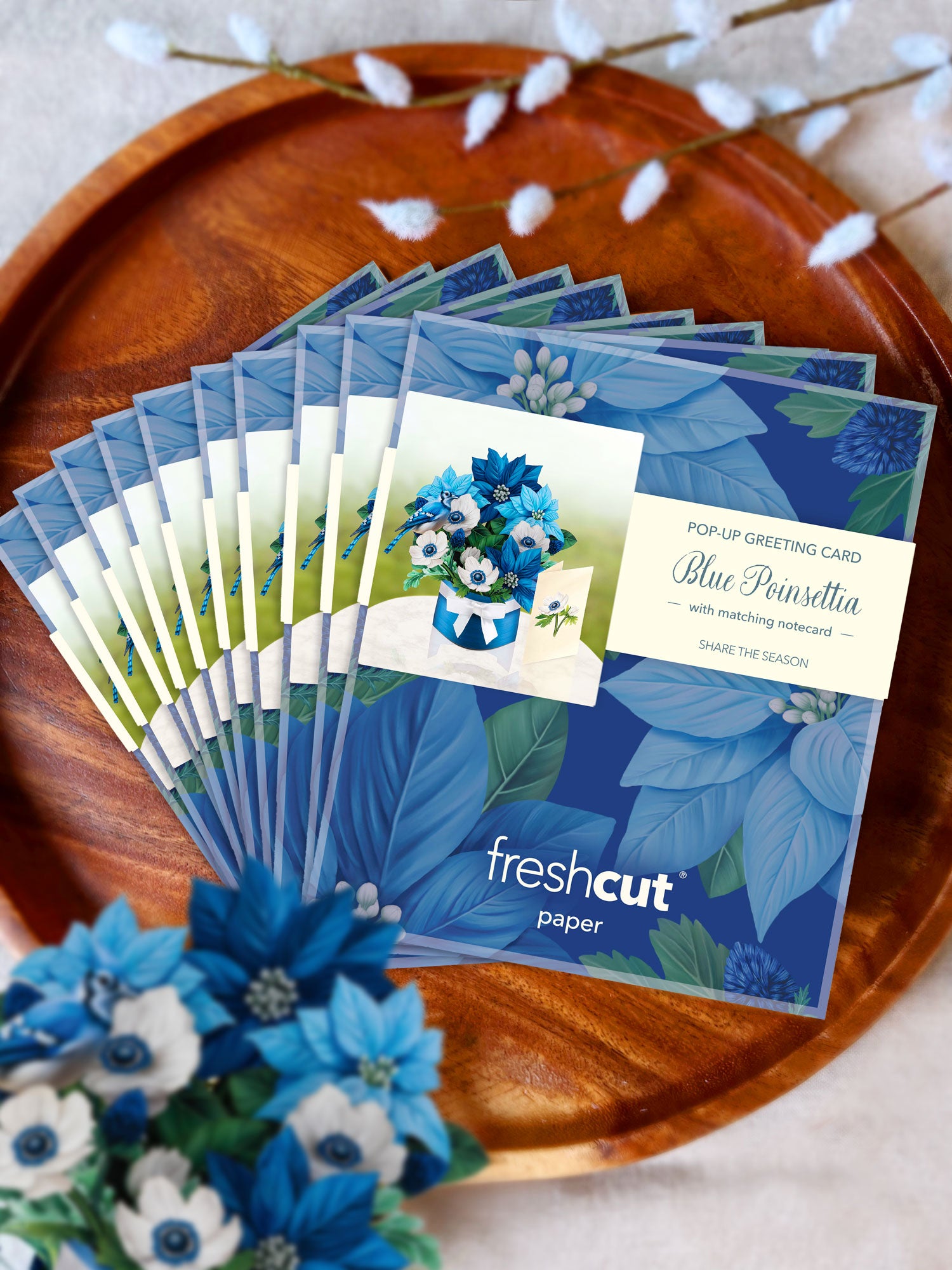 Mini Blue Poinsettia Pop-Up Card